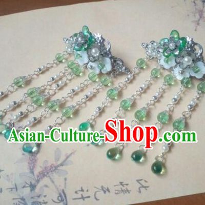 Traditional Handmade Chinese Ancient Classical Hanfu Hair Accessories Green Bead Tassel Hairpins, Princess Headpiece Hair Claw for Women