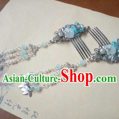 Traditional Handmade Chinese Ancient Classical Hanfu Hair Accessories Blue Bead Tassel Hairpins, Princess Headpiece Hair Comb for Women