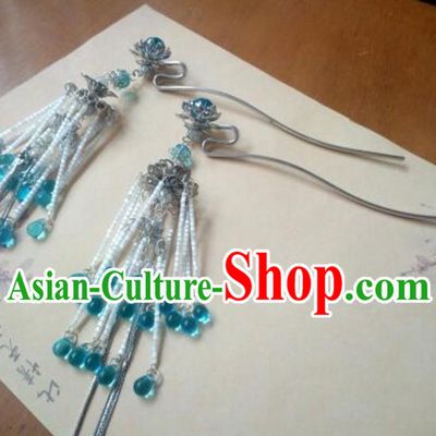 Traditional Handmade Chinese Ancient Classical Hanfu Hair Accessories Blue Tassel Hairpins, Princess Headpiece Step Shake Hair Fascinators for Women