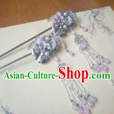 Traditional Handmade Chinese Ancient Classical Hanfu Hair Accessories Pink Beads Tassel Hairpins, Princess Headpiece Step Shake Hair Fascinators for Women