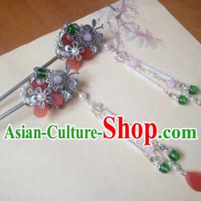 Traditional Handmade Chinese Ancient Classical Hanfu Hair Accessories Red Beads Tassel Hairpins, Princess Headpiece Step Shake Hair Fascinators for Women