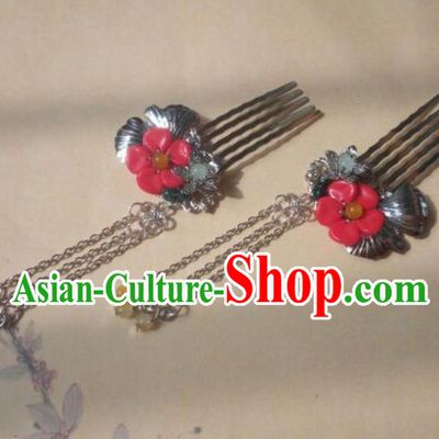 Traditional Handmade Chinese Ancient Classical Hanfu Hair Accessories Hairpins Red Hair Comb, Princess Palace Lady Step Shake Hair Stick for Women