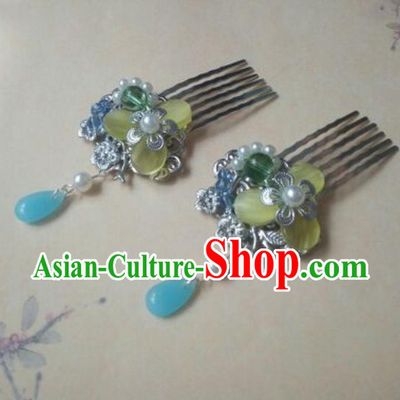 Traditional Handmade Chinese Ancient Classical Hanfu Hair Accessories Blue Hair Comb Hairpins, Princess Headpiece Step Shake Hair Fascinators for Women