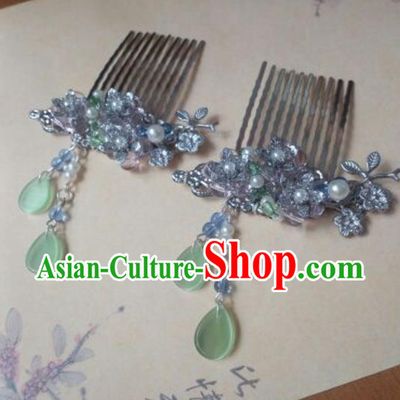 Traditional Handmade Chinese Ancient Classical Hanfu Hair Accessories Green Hair Comb Hairpins, Princess Headpiece Step Shake Hair Fascinators for Women
