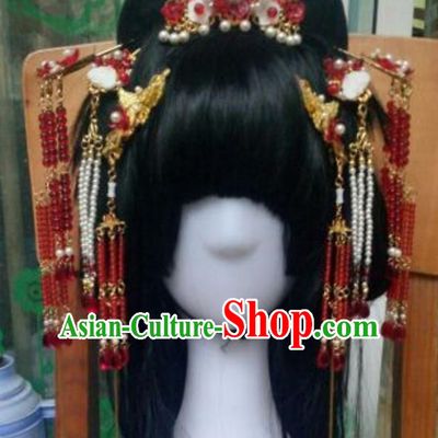 Traditional Handmade Chinese Ancient Classical Hanfu Hair Accessories Complete Set Red Tassel Step Shake, Princess Headpiece Hairpins Hair Stick Hair Fascinators for Women