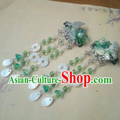 Traditional Handmade Chinese Ancient Classical Hanfu Hair Accessories Palace Lady Tassel Butterfly Step Shake, Princess Headpiece Green Hairpins Hair Fascinators for Women