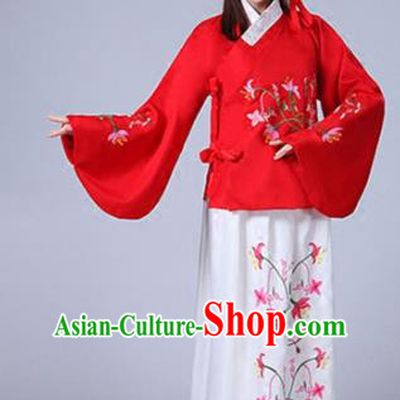 Traditional Asian Oriental China Costume Embroidery Wintersweet Red Blouse and Skirt Complete Set, Chinese Ming Dynasty Imperial Princess Embroidered Clothing for Women
