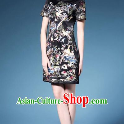 Traditional Top Grade Asian Chinese Costumes Classical Embroidery Cheongsam, China National Chirpaur Dress Black Qipao for Women