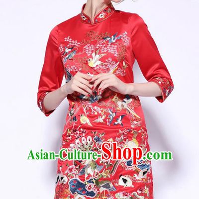 Traditional Top Grade Asian Chinese Costumes Classical Embroidery Cheongsam, China National Middle Sleeve Chirpaur Dress Red Qipao for Women