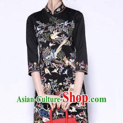 Traditional Top Grade Asian Chinese Costumes Classical Embroidery Cheongsam, China National Middle Sleeve Chirpaur Dress Black Qipao for Women