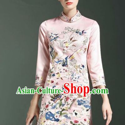 Traditional Top Grade Asian Chinese Costumes Classical Embroidery Cheongsam, China National Middle Sleeve Chirpaur Dress Pink Qipao for Women