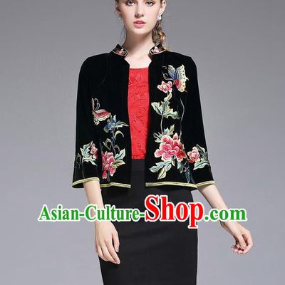 Traditional Top Grade Asian Chinese Costumes Classical Embroidery Peony Short Coat, China National Black Jacket for Women