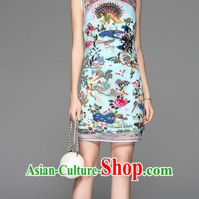 Traditional Top Grade Asian Chinese Costumes Classical Embroidery Cheongsam, China National Blue Chirpaur Dress Qipao for Women
