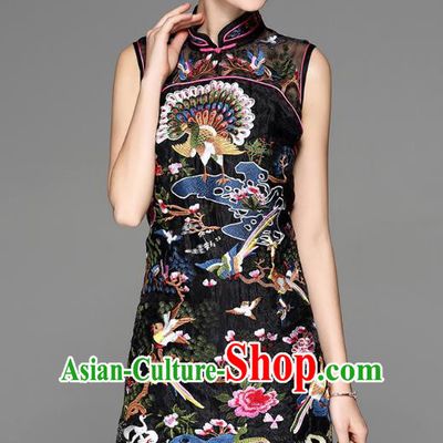Traditional Top Grade Asian Chinese Costumes Classical Embroidery Cheongsam, China National Black Chirpaur Dress Qipao for Women