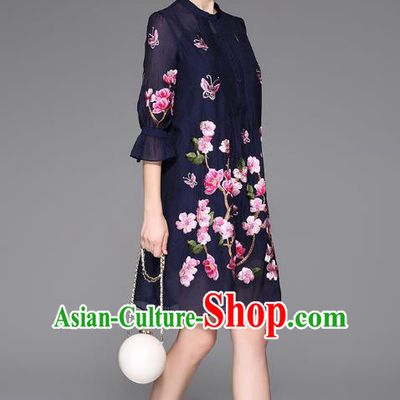Top Grade Asian Chinese Costumes Classical Embroidery Two-piece Dress, Traditional China National Embroidered Mandarin Sleeve Navy Chirpaur Qipao for Women