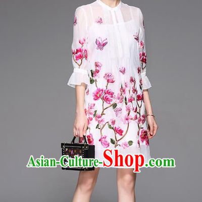 Top Grade Asian Chinese Costumes Classical Embroidery Two-piece Dress, Traditional China National Embroidered Mandarin Sleeve White Chirpaur Qipao for Women