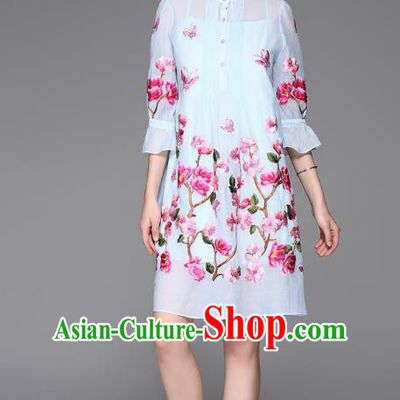 Top Grade Asian Chinese Costumes Classical Embroidery Two-piece Dress, Traditional China National Embroidered Mandarin Sleeve Blue Chirpaur Qipao for Women
