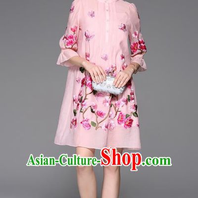 Top Grade Asian Chinese Costumes Classical Embroidery Two-piece Dress, Traditional China National Embroidered Mandarin Sleeve Pink Chirpaur Qipao for Women