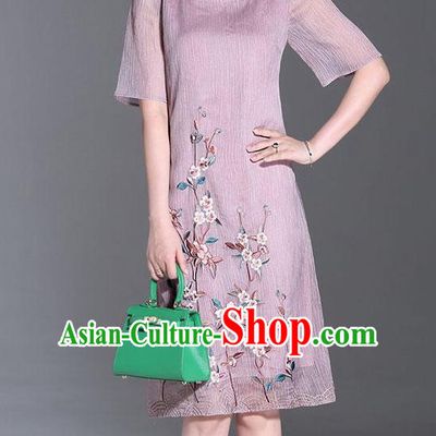 Top Grade Asian Chinese Costumes Classical Embroidery Purple Dress Cheongsam, Traditional China National Embroidered Chirpaur Qipao for Women