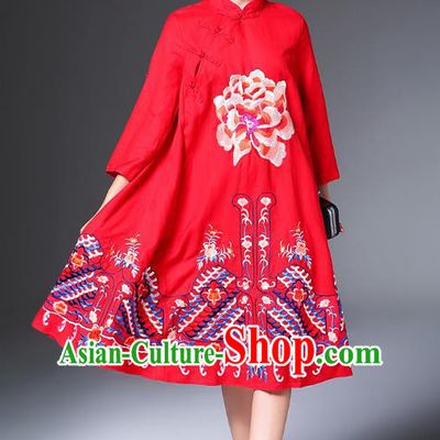 Top Grade Asian Chinese Costumes Classical Embroidery Peony Slant Opening Cheongsam, Traditional China National Red Chirpaur Dress Qipao for Women