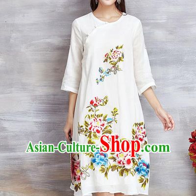 Top Grade Asian Chinese Linen Costumes Classical Embroidery Flowers Cheongsam, Traditional China National White Plated Buttons Chirpaur Dress Qipao for Women
