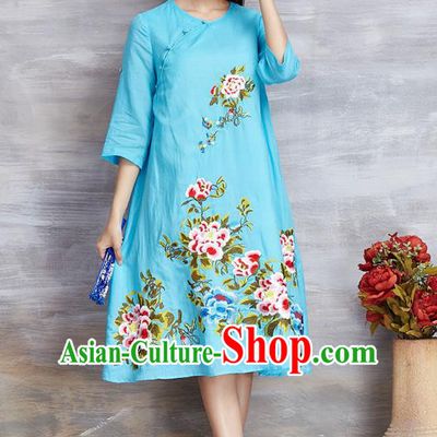 Top Grade Asian Chinese Linen Costumes Classical Embroidery Flowers Cheongsam, Traditional China National Blue Plated Buttons Chirpaur Dress Qipao for Women
