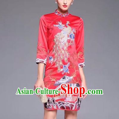 Top Grade Asian Chinese Costumes Classical Embroidery Peacock Cheongsam, Traditional China National Middle Sleeve Chirpaur Plated Buttons Red Qipao for Women