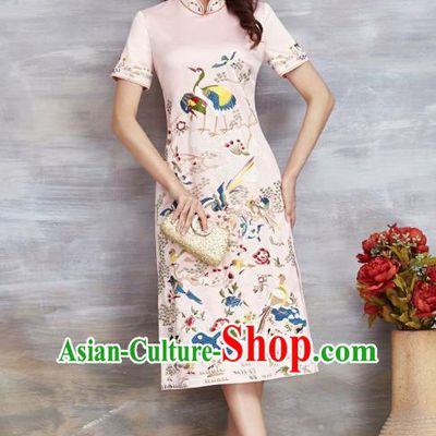 Top Grade Asian Chinese Costumes Classical Embroidery Cranes Cheongsam, Traditional China National Pink Chirpaur Dress Satin Qipao for Women