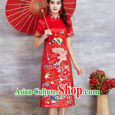 Top Grade Asian Chinese Costumes Classical Embroidery Cranes Cheongsam, Traditional China National Red Chirpaur Dress Satin Qipao for Women