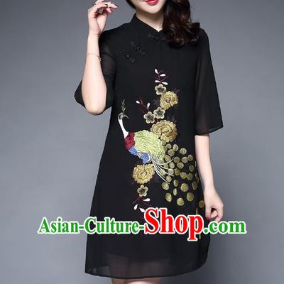 Top Grade Asian Chinese Costumes Classical Embroidery Peacock Short Black Cheongsam, Traditional China National Plated Buttons Chirpaur Dress Qipao for Women