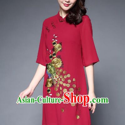 Top Grade Asian Chinese Costumes Classical Embroidery Peacock Short Red Cheongsam, Traditional China National Plated Buttons Chirpaur Dress Qipao for Women