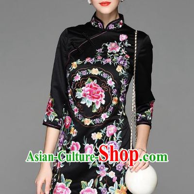 Top Grade Asian Chinese Costumes Classical Embroidery Peony Silk Black Cheongsam, Traditional China National Plated Buttons Chirpaur Dress Qipao for Women