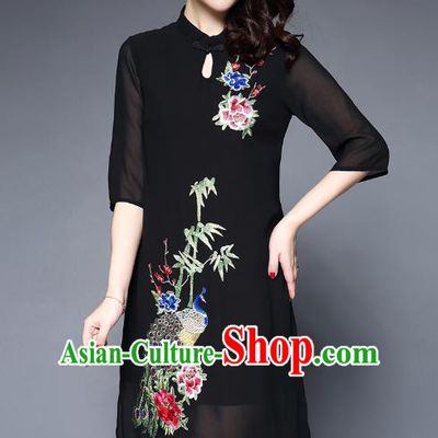 Asian Chinese Oriental Costumes Classical Embroidery Peacock Black Cheongsam, Traditional China National Tang Suit Plated Buttons Chirpaur Dress Qipao for Women