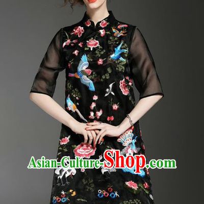 Asian Chinese Oriental Costumes Classical Embroidery Black Cheongsam, Traditional China National Tang Suit Qipao Dress for Women