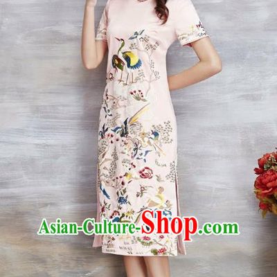 Asian Chinese Oriental Costumes Classical Embroidery Crane Pink Cheongsam, Traditional China National Tang Suit Qipao Dress for Women