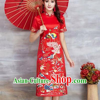 Asian Chinese Oriental Costumes Classical Embroidery Crane Red Cheongsam, Traditional China National Tang Suit Qipao Dress for Women