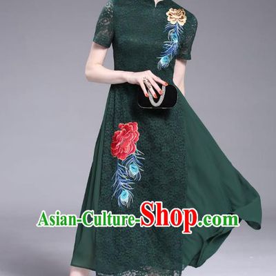 Asian Chinese Oriental Costumes Classical Embroidery Green Lace Cheongsam, Traditional China National Tang Suit Stand Collar Qipao Dress for Women