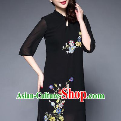 Asian Chinese Oriental Costumes Classical Embroidery Flowers Chiffon Dress, Traditional China National Tang Suit Black Cheongsam Qipao for Women