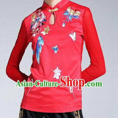 Asian Chinese Oriental Red Cheongsam Blouse Costumes, Traditional China National Embroidery Chirpaur Upper Outer Garment for Women