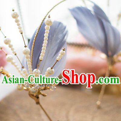 Top Grade Handmade Classical Hair Accessories Baroque Style Princess Pearls Blue Feathers Hair Clasp Headwear for Women