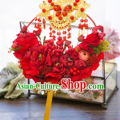 Traditional Asian Oriental Chinese Palace Lady Princess Wedding Round Fans, Bride Red Flowers Circular Fan for Women