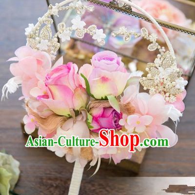 Traditional Asian Oriental Chinese Palace Lady Princess Wedding Round Fans, Bride Pink Flowers Circular Fan for Women