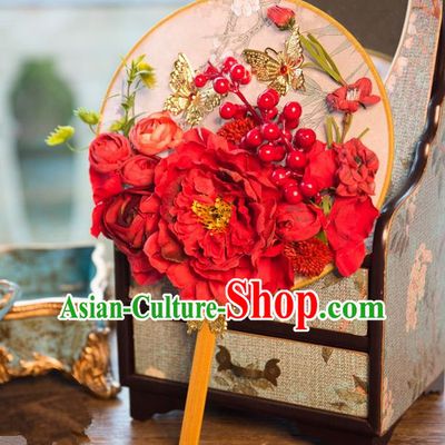 Traditional Asian Oriental Chinese Palace Lady Princess Wedding Round Fans, Bride Red Peony Flowers Circular Fan for Women