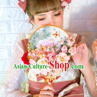 Traditional Asian Oriental Chinese Palace Lady Princess Wedding Round Fans, Bride Pink Peony Flowers Circular Fan for Women