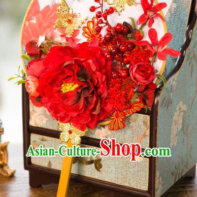 Traditional Asian Oriental Chinese Palace Lady Princess Wedding Round Fans, Bride Red Peony Flowers Butterfly Circular Fan for Women