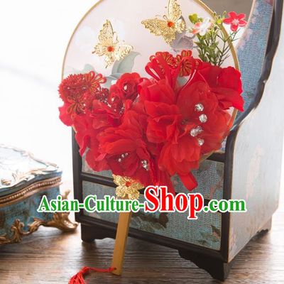 Traditional Asian Oriental Chinese Palace Lady Princess Wedding Round Fans, Bride Red Silk Flowers Circular Fan for Women