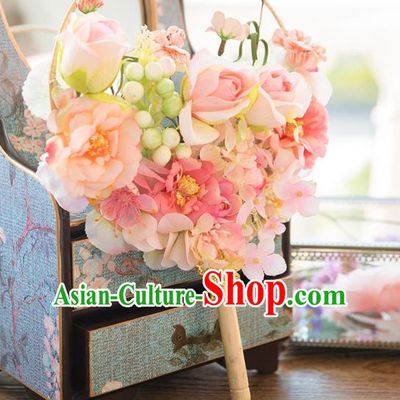 Traditional Asian Oriental Chinese Palace Lady Princess Wedding Round Fans, Bride Pink Silk Flowers Circular Fan for Women