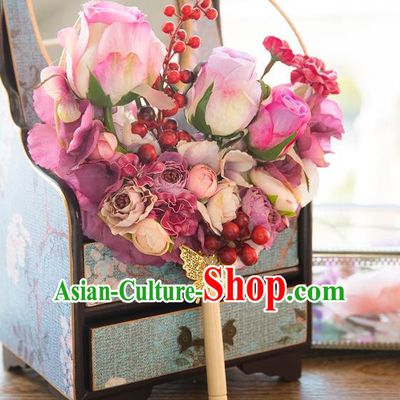 Traditional Asian Oriental Chinese Palace Lady Princess Wedding Round Fans, Bride Purple Silk Flowers Circular Fan for Women