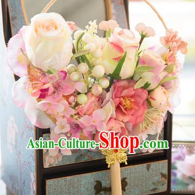 Traditional Asian Oriental Chinese Palace Lady Princess Wedding Round Fans, Bride White Silk Rose Flowers Circular Fan for Women