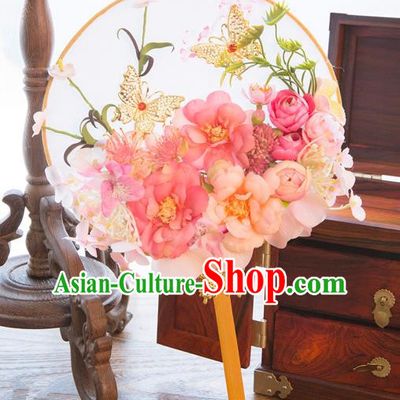 Traditional Asian Oriental Chinese Palace Lady Princess Wedding Round Fans, Bride Pink Flowers Circular Fan for Women